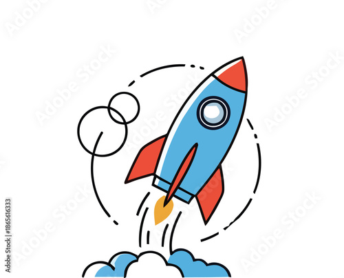 Illustration of a stylized rocket ship launching into space, leaving a trail of smoke and surrounded by orbit lines, representing innovation and exploration