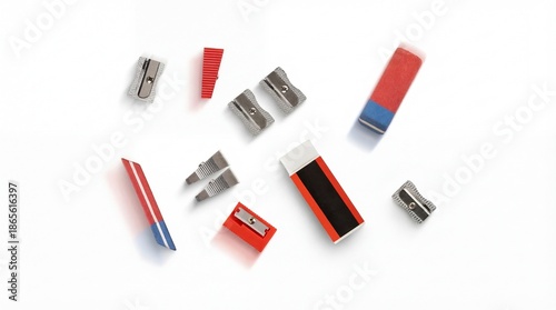 Assorted stationery, including pencil sharpeners and erasers, arranged on a white background for a top-down product photography shot.