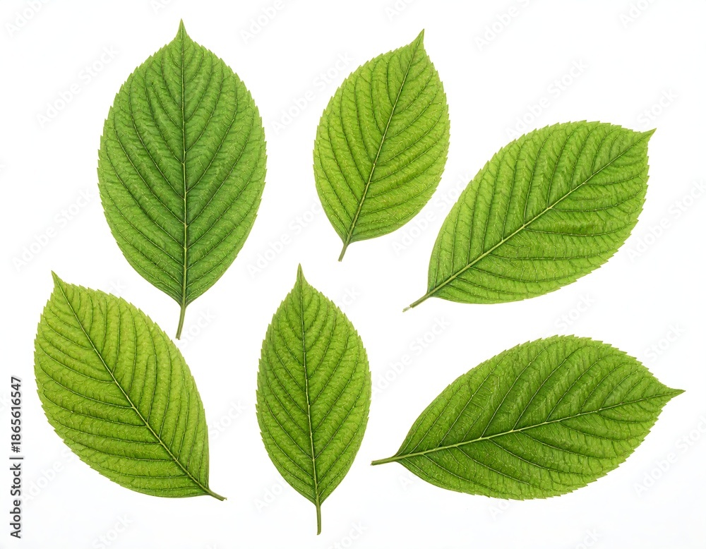 Fototapeta premium Close-up of green, textured leaves with visible veins against a white background
