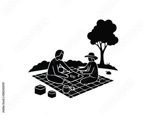 Stylized monochromatic illustration of two figures enjoying a serene outdoor picnic under a large tree, symbolizing leisure, connection, and simple pleasures