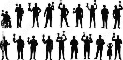 Silhouettes of diverse people holding trophies and a child in a dress awards