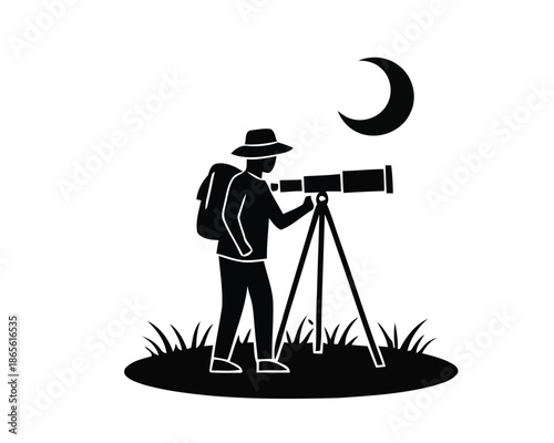 Vector icon of an adventurer using a telescope to observe the night sky, symbolizing the exploration of celestial wonders and the deep fascination with astronomy under the crescent moon