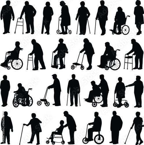 Silhouettes of elderly people using mobility aids and assistive devices black white