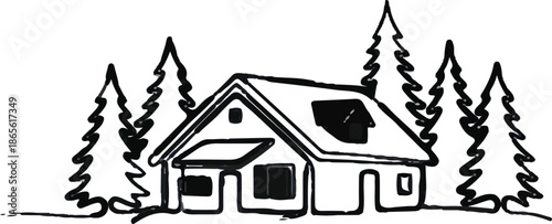 A cartoon illustration of a burning house building icon featuring a red roof and smoke silhouettes to represent a real estate property fire emergency symbol