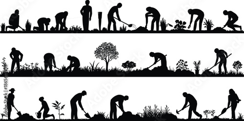 Silhouettes of people gardening and planting in three horizontal rows with various plants and tools