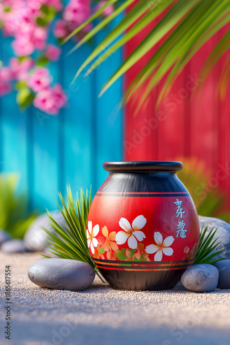 Red vase with flowers, blue and red wooden background