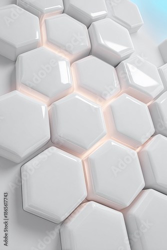 Hexagonal white tiles with glowing edges on a surface