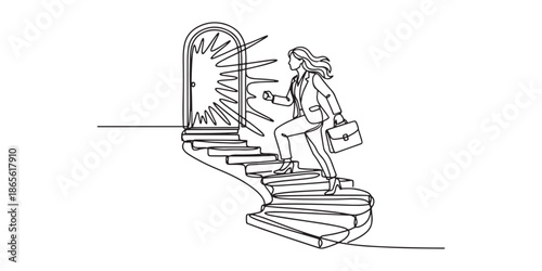 Minimalist continuous line art illustration of a businesswoman walking up stairs towards a shining door of opportunity. Concept of career success, personal growth, and achieving goals.