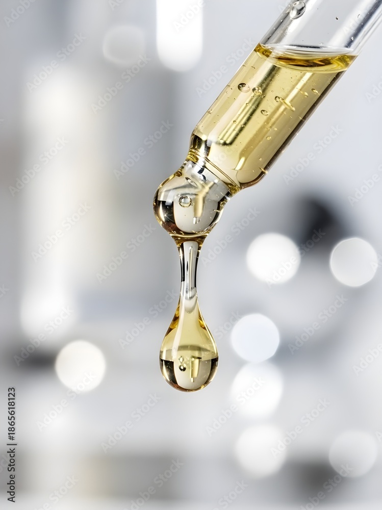 custom made wallpaper toronto digitalClose-up of a scientific dropper releasing a radiant golden serum drop, embodying precise skincare applications and the luxury of natural essence