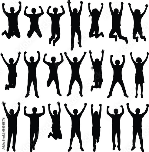 Silhouettes of people jumping with arms raised in celebration on white background