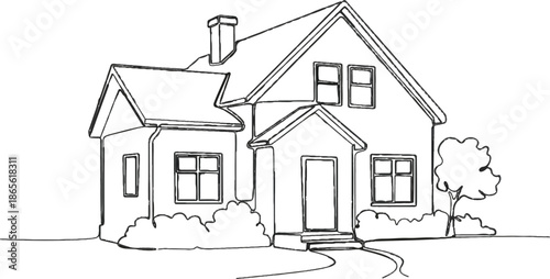 3D architectural drawing of a modern residential home project featuring an exterior house sketch with a detailed roof window and door design for a real estate building plan