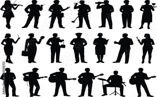 Silhouettes of people playing musical instruments and holding various in black and white violin trumpet