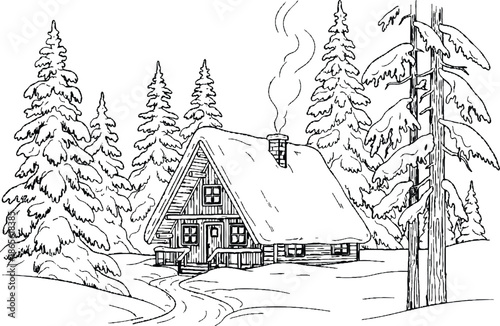 Vintage engraving of a winter landscape with a snow-covered house nestled among pine trees in a sketch of a white mountain forest.