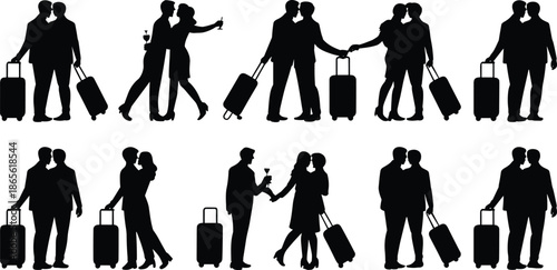 Silhouettes of people with luggage and glasses of champagne in formal attire