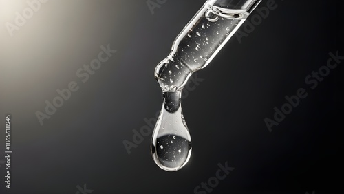 Wallpaper Mural Close-up macro shot of a clear liquid drop falling from a pipette with bubbles against a dark gradient background Torontodigital.ca