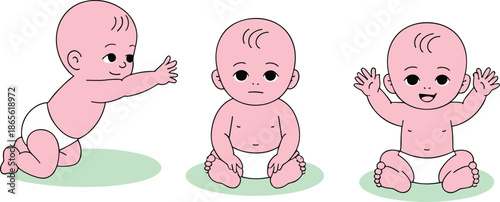 Three cartoon babies sitting on green circles with different expressions and poses