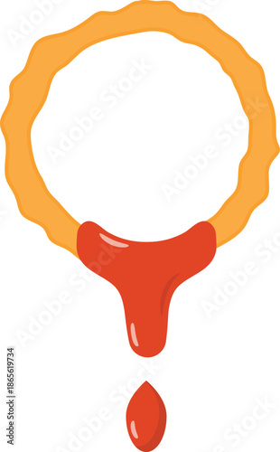 Fried Onion Ring with Dripping Ketchup Flat Illustration. Clean Icon Design Element on Isolated White Background