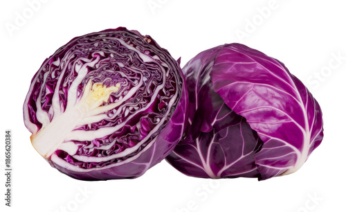 red cabbage, whole and cut on white background
