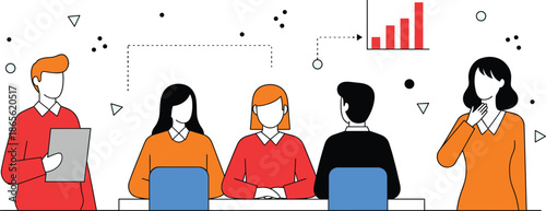 Business Team Meeting and Discussion with Data Analysis Chart Flat Vector Illustration on White Background