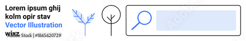 Search engines, navigation tools, minimalism, UI design, eco-friendly concepts, digital exploration. Magnifying glass, tree icons and a search bar. Search engines and navigation tools concept