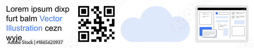 Digital marketing, cloud storage, web development, information sharing, coding, networking. QR code next to a cloud and a web page layout. Digital marketing and cloud storage-focused design