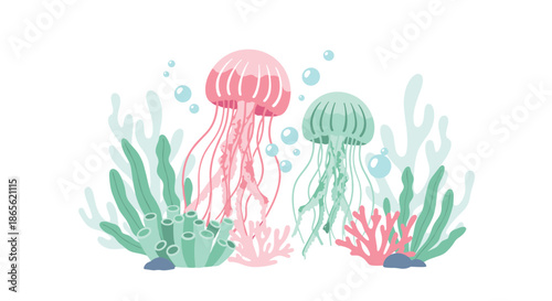Cute illustration of a pink and a green jellyfish swimming gracefully together underwater among seaweed, corals, and air bubbles.