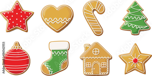 Christmas Gingerbread Cookies Set with Star Heart Candy Cane Tree Ornament and House Flat Vector Illustration