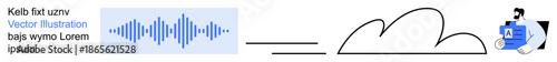 Cloud storage, data management, audio files, technology, digital transfer, remote access. Abstract elements thumbs up sound waves, cloud icon and digital data transfer symbols. Cloud storage