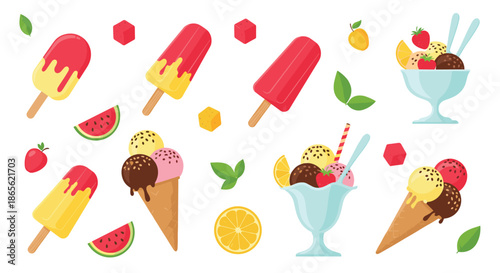 Large summer collection of various delicious ice cream treats, including cones and popsicles, with fresh fruit and mint leaves.