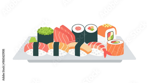 Sushi Rolls and Sashimi on Plate.