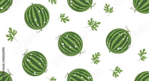 Simple and fresh seamless summer pattern of whole green striped watermelons and leaves scattered on a clean white background.