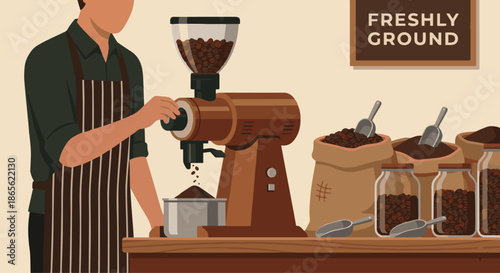  Barista Grinding Coffee Beans
A flat vector illustration of a barista using a coffee grinder to grind fresh coffee beans. Coffee bean containers and scoops are nearby. 