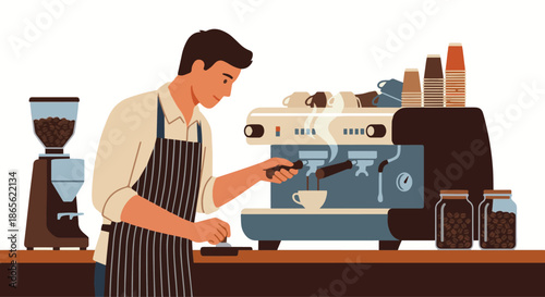 Barista Making Espresso
A flat vector illustration of a barista operating an espresso machine behind a café counter. The barista wears an apron and focuses on brewing coffee. Coffee cups, grinder