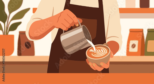 Barista Pouring Latte Art
A flat vector illustration of a barista carefully pouring milk into a cup to create latte art. Close-up focus on hands, cup, and milk pitcher. Simple café background. 