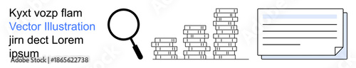 Business management, data analysis, financial planning, auditing, documentation, research processes. Magnifying glass, stacked coins and paperwork. Business management and data analysis concept