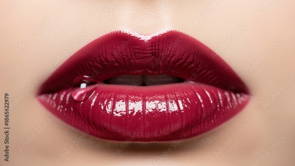 Obraz premium Glossy red lips with single water droplet
