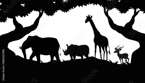 African Wildlife Silhouette Under Tree Canopy Illustration