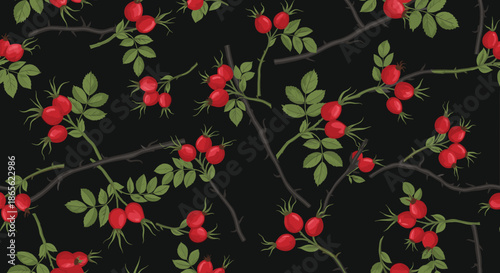 Seamless autumn pattern of thorny rose hip branches with vibrant red berries and green leaves on a contrasting dark background.