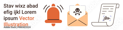 Alerts, cybersecurity threats, communication, digital trends, online safety, contracts. Bell icon, envelope with skull document with signature. Alerts and cybersecurity threats concept