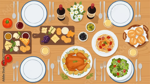 Festive Holiday Dinner Table Setting with Roasted Chicken and Appetizers.