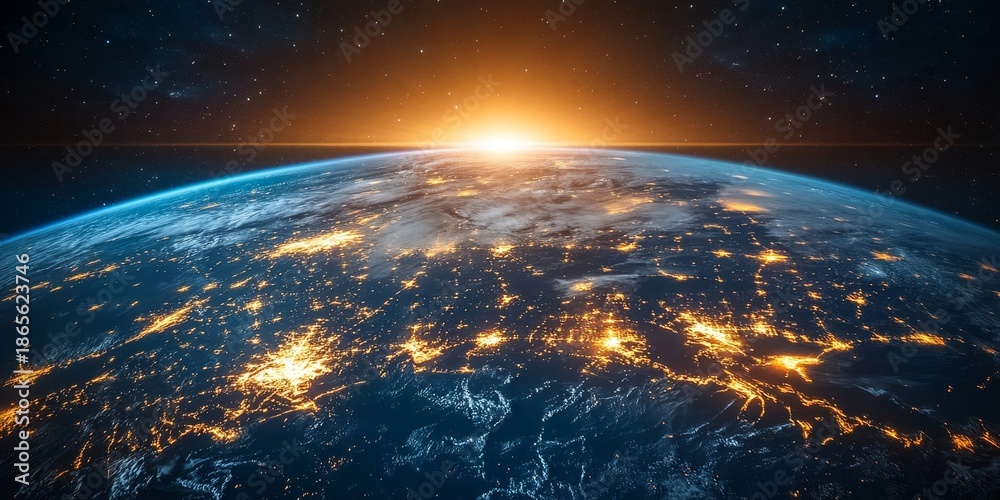 Obraz premium Aerial view of Earth globe surrounded by multiple highways, traffic lights glowing at night in city centers Concept for global business technology and digital connectivity, Generative AI