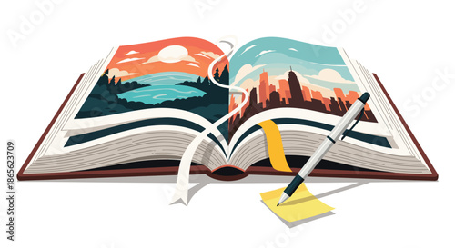 An open storybook with illustrations of city and nature landscapes, representing creativity, writing, and the world of literature.