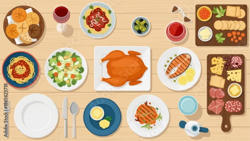 Delicious Food Spread on a Wooden Table Top View.