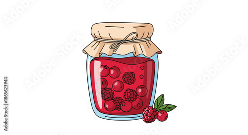 A charming hand-drawn illustration of a glass jar filled with homemade berry jam, sealed with a paper cover and tied with string.
