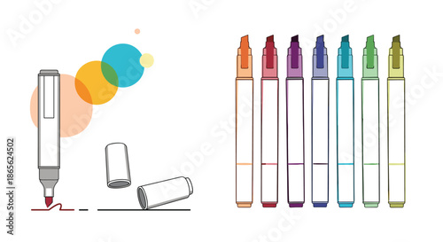 A set of colorful highlighter markers in various bright colors, shown both capped and uncapped with sample marks and color spots.
