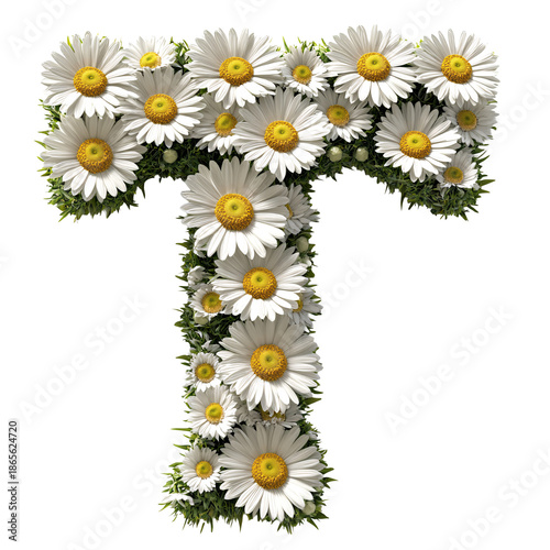 Top view of 3D letter T made of daisy flowers isolated on white background