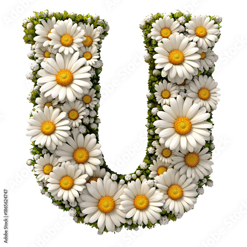 Top view of 3D letter U made of daisy flowers isolated on white background