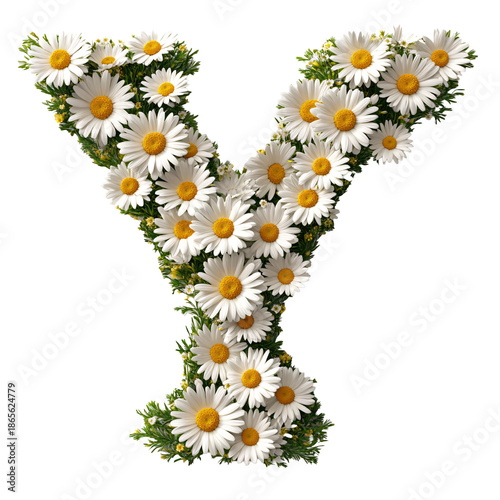 Top view of 3D letter Y made of daisy flowers isolated on white background