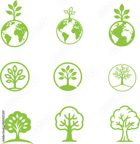 green earth, eco environment and plant of tree black and white vector simple single logo 