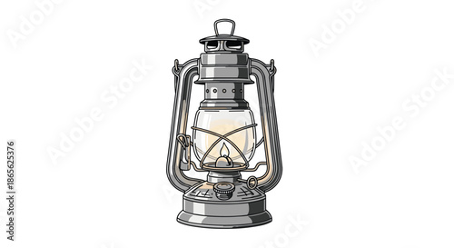 A detailed vintage illustration of a classic silver kerosene lantern with a glowing flame, isolated on a clean white background.
